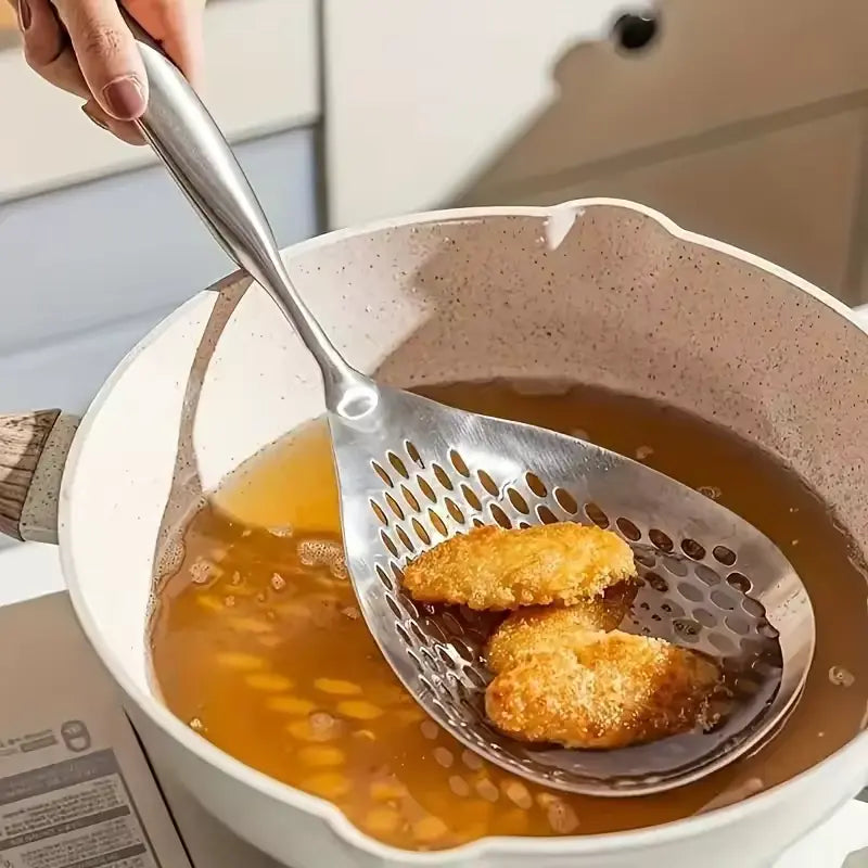 1pc Large Durable Stainless Steel Colander Skimmer Spoon, Heavy Duty Food Strainer Spoon for Frying & Cooking, Kitchen Utensils