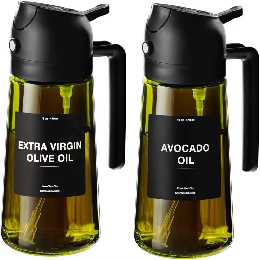 Olive Oil Dispenser,Sprayer for Cooking 2 in 1- Spray and Pour,Dark Green Glass Oil Bottlewith Stickers,16Oz/470Ml Oil Sprayer