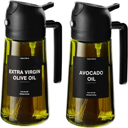 Olive Oil Dispenser,Sprayer for Cooking 2 in 1- Spray and Pour,Dark Green Glass Oil Bottlewith Stickers,16Oz/470Ml Oil Sprayer