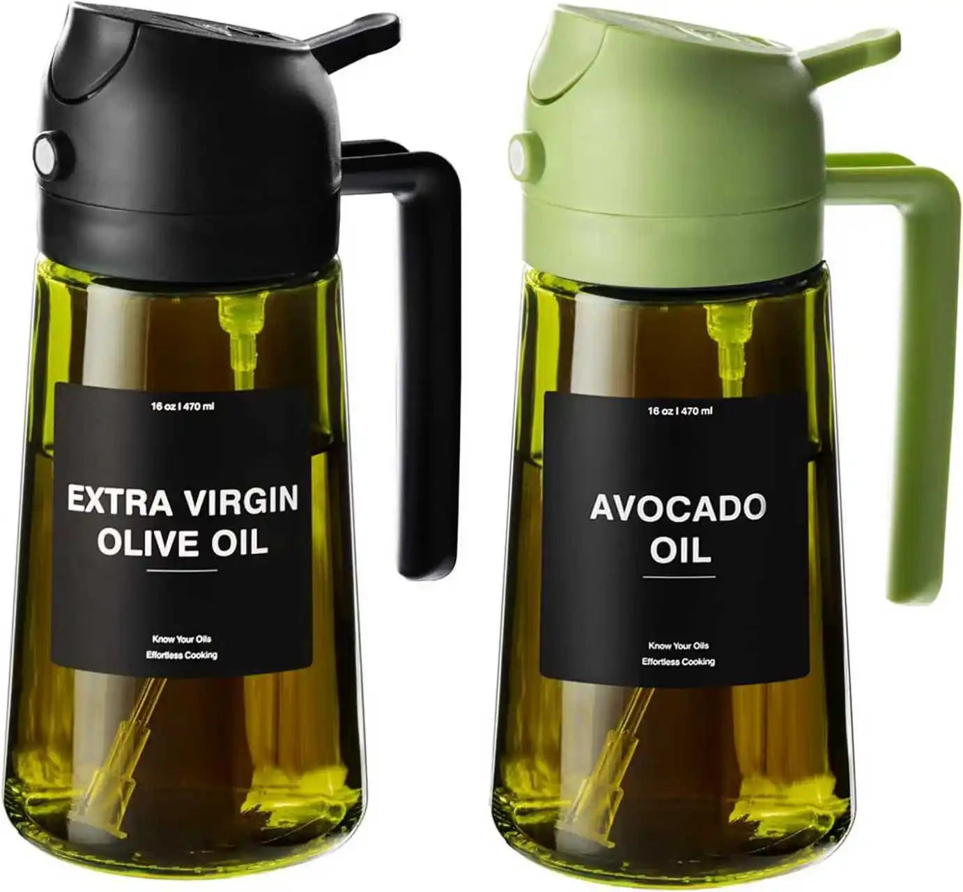 Olive Oil Dispenser,Sprayer for Cooking 2 in 1- Spray and Pour,Dark Green Glass Oil Bottlewith Stickers,16Oz/470Ml Oil Sprayer