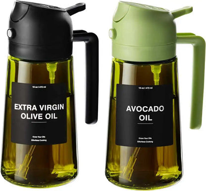 Olive Oil Dispenser,Sprayer for Cooking 2 in 1- Spray and Pour,Dark Green Glass Oil Bottlewith Stickers,16Oz/470Ml Oil Sprayer