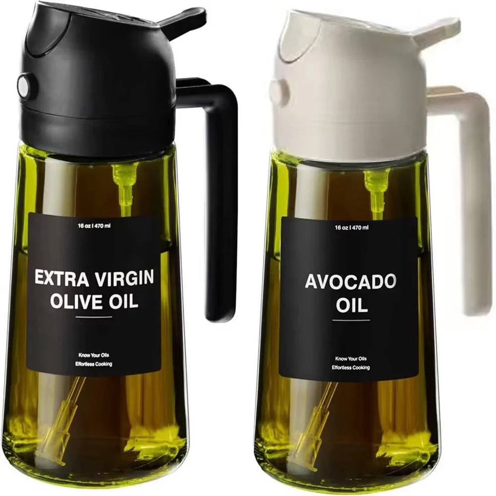 Olive Oil Dispenser,Sprayer for Cooking 2 in 1- Spray and Pour,Dark Green Glass Oil Bottlewith Stickers,16Oz/470Ml Oil Sprayer