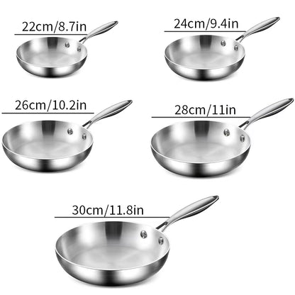 316 Stainless Steel Frying Pan, Mirror Polished Design,Three-Layer Stainless Steel Multiple Sizes for Induction Cookers