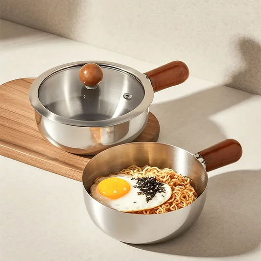 1Pc Stainless Steel Pot with Heat-Resistant Wooden Handle - Induction Compatible, Non-Slip Base, Even Heat Distribution Milk Pot