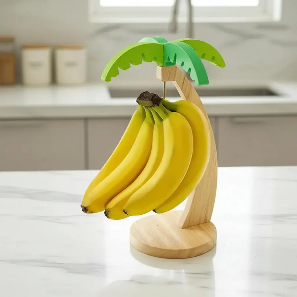 Wooden Banana Rack Hanging Kitchen Rack Simulated Leaf Decorative Fruit Vertical Storage Rack with Hook Kitchen Decoration