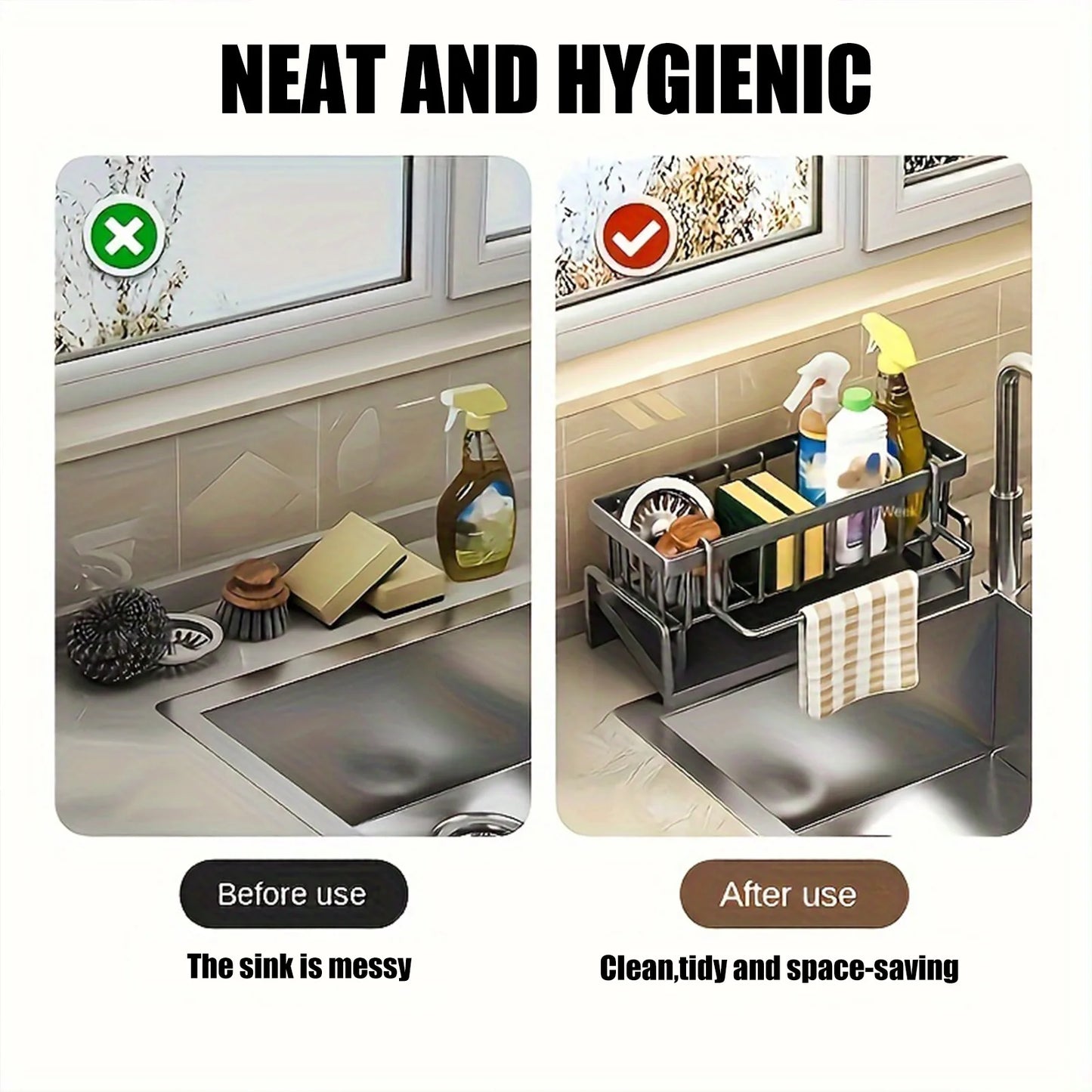 Kitchen Sink Organizer Countertop Rack Multifunctional Sponge/Cleaning Cloth/Brush Holder Drain Rack Dish Soap Storage