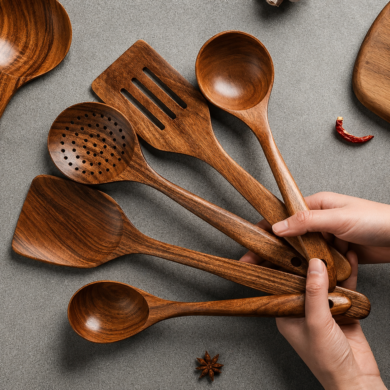 5‑Piece Thailand Teak Cooking Spoon Set