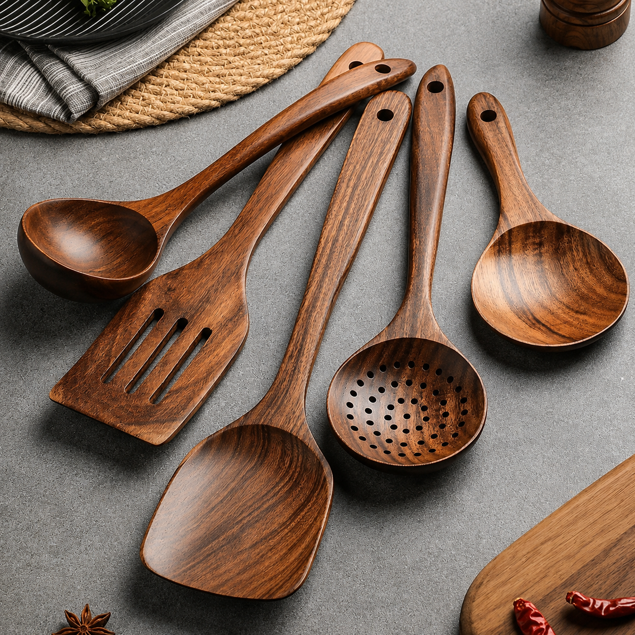 5‑Piece Thailand Teak Cooking Spoon Set
