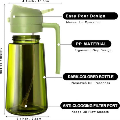 Olive Oil Dispenser,Sprayer for Cooking 2 in 1- Spray and Pour,Dark Green Glass Oil Bottlewith Stickers,16Oz/470Ml Oil Sprayer
