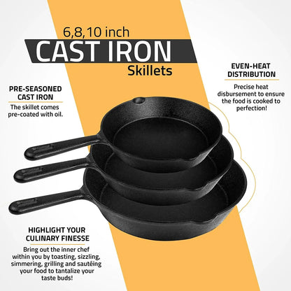 Pre-Seasoned Cast Iron Skillet Set 3-Piece - 6 , 8 and 10 Inches Utopia Kitchen