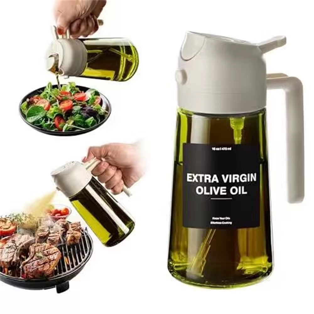 Olive Oil Dispenser,Sprayer for Cooking 2 in 1- Spray and Pour,Dark Green Glass Oil Bottlewith Stickers,16Oz/470Ml Oil Sprayer