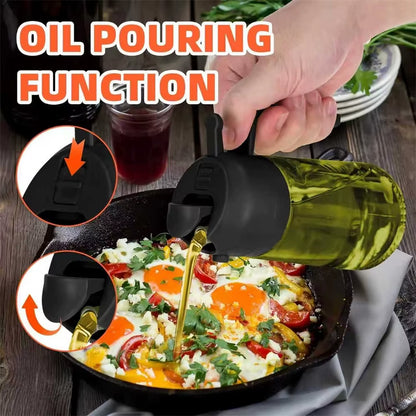 Olive Oil Dispenser,Sprayer for Cooking 2 in 1- Spray and Pour,Dark Green Glass Oil Bottlewith Stickers,16Oz/470Ml Oil Sprayer