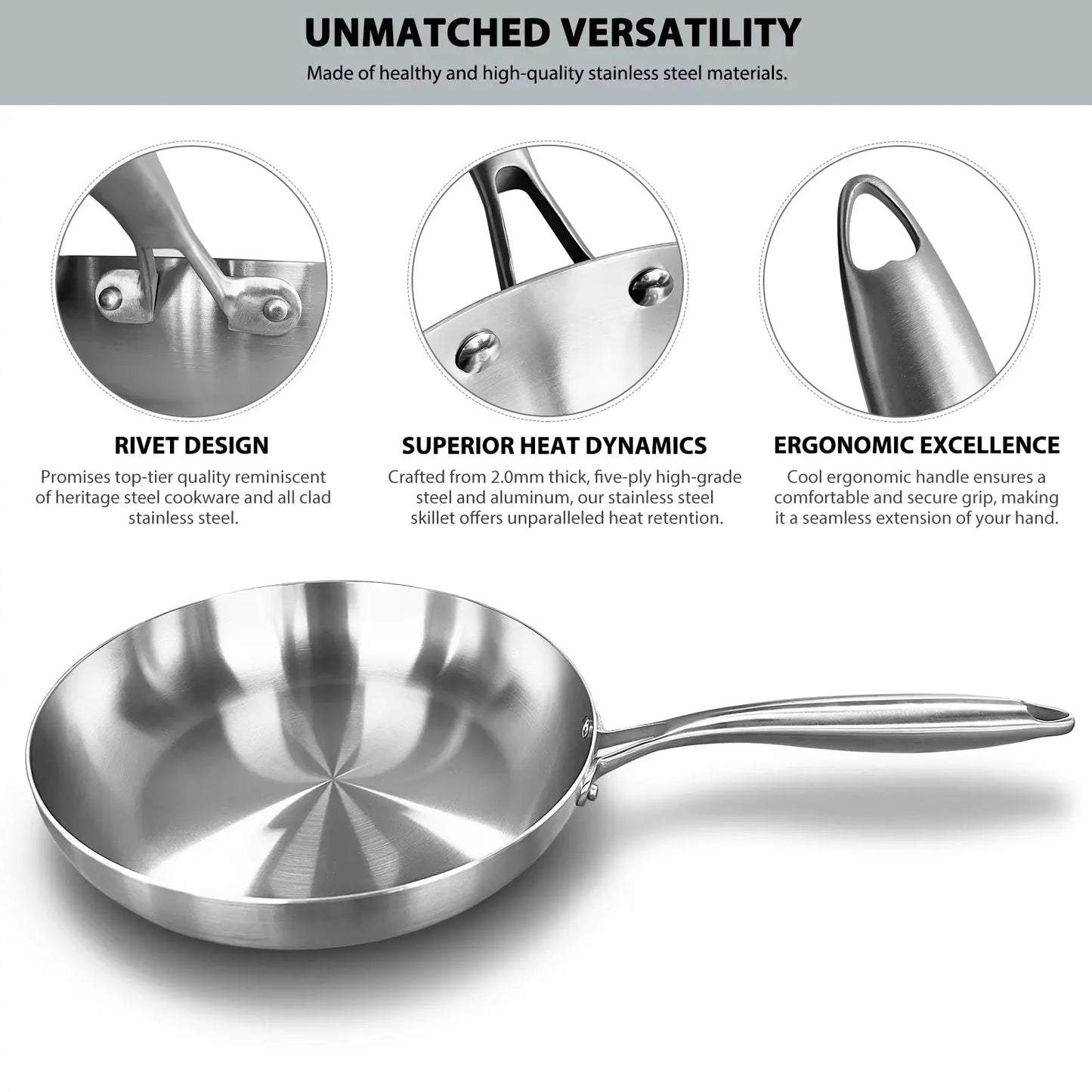 304 Stainless Steel Frying Pan, Nonstick Pan Fried Steak Pot Uncoated Kitchen Cookware for Gas Stove and Induction Cooker