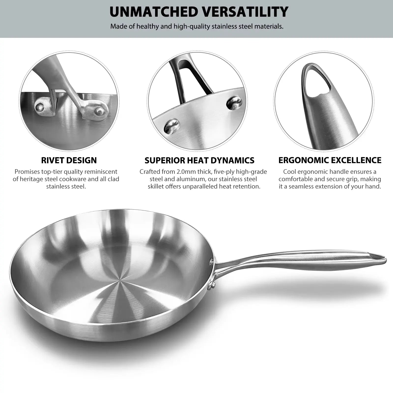 304 Stainless Steel Frying Pan, Nonstick Pan Fried Steak Pot Uncoated Kitchen Cookware for Gas Stove and Induction Cooker