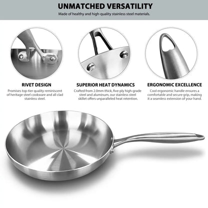 304 Stainless Steel Frying Pan, Nonstick Pan Fried Steak Pot Uncoated Kitchen Cookware for Gas Stove and Induction Cooker