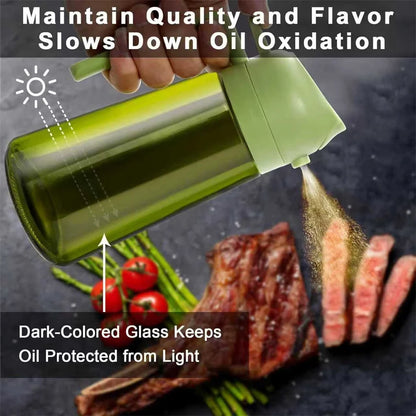 Olive Oil Dispenser,Sprayer for Cooking 2 in 1- Spray and Pour,Dark Green Glass Oil Bottlewith Stickers,16Oz/470Ml Oil Sprayer