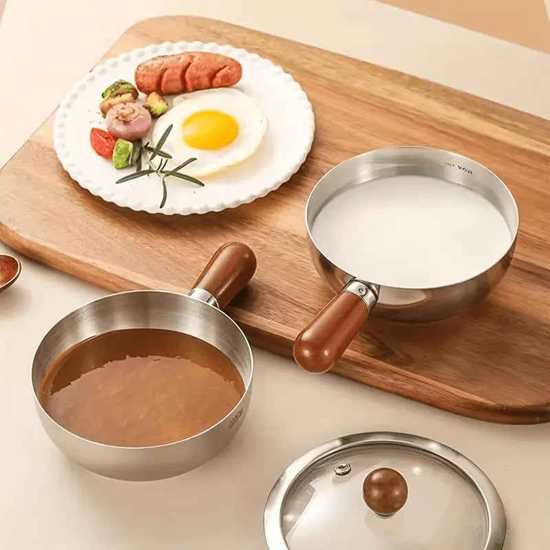 1Pc Stainless Steel Pot with Heat-Resistant Wooden Handle - Induction Compatible, Non-Slip Base, Even Heat Distribution Milk Pot