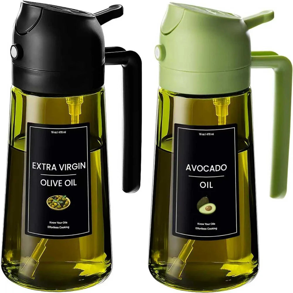 Olive Oil Dispenser,Sprayer for Cooking 2 in 1- Spray and Pour,Dark Green Glass Oil Bottlewith Stickers,16Oz/470Ml Oil Sprayer