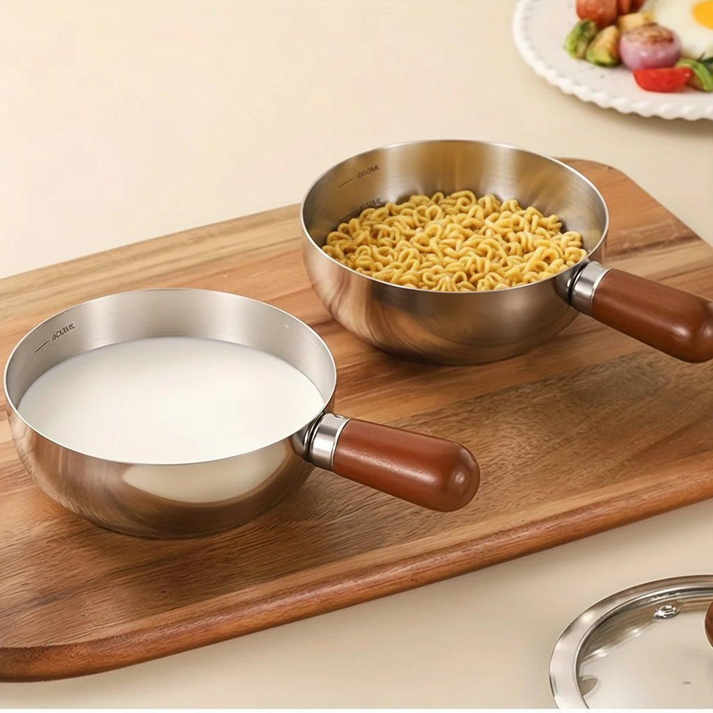 1Pc Stainless Steel Pot with Heat-Resistant Wooden Handle - Induction Compatible, Non-Slip Base, Even Heat Distribution Milk Pot