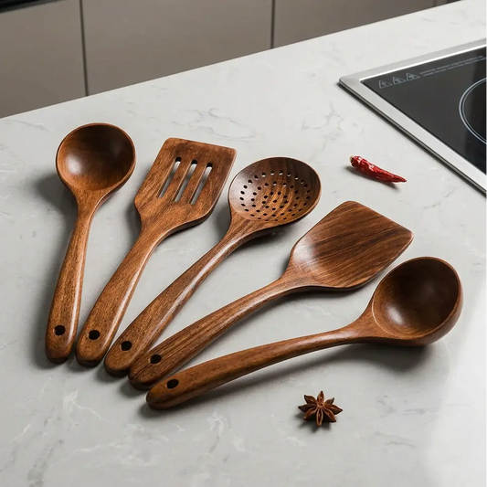 5‑Piece Thailand Teak Non‑Scratch Kitchen Spoon Set